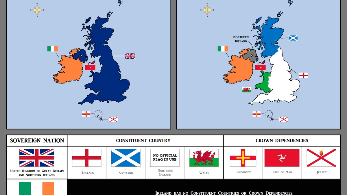 英国、アイルランド、構成国、Crown Dependenciesを示す地図