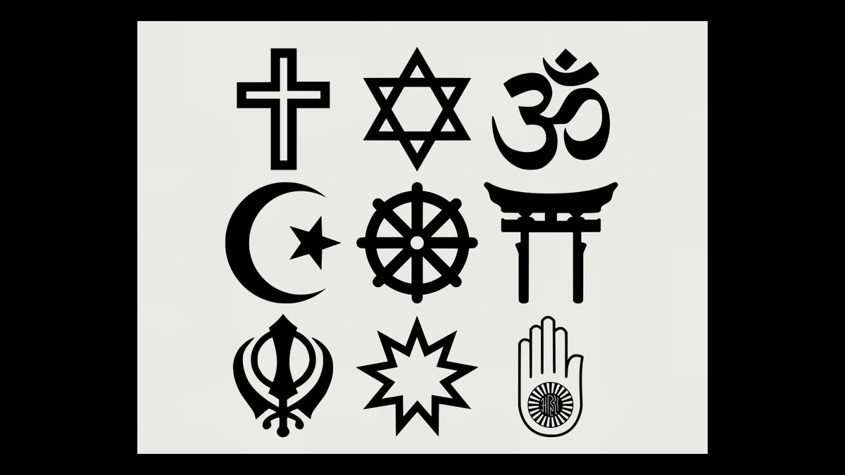 キリスト教、ユダヤ教、ヒンドゥー教、イスラム教、仏教、神道、シク教、バハイ教、ジャイナ教の記号を並べた図
